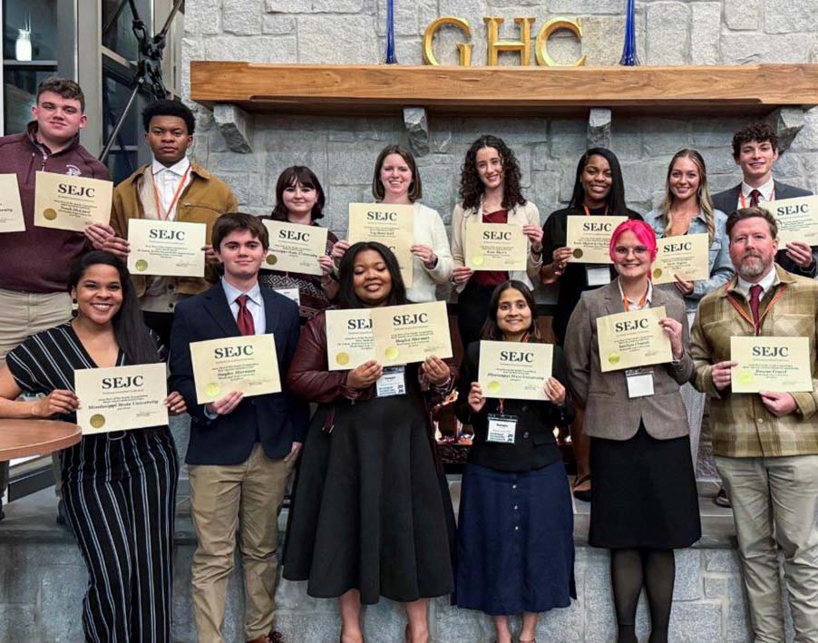 MSU students pictured with certificates after winning 28 awards at the Southeast Journalism Conference.