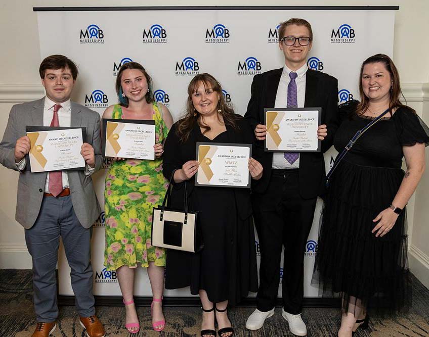 Photo of student winners from left, Wesley Webb, senior political science major from Oxford, Brooklin Gall, senior communication from Hattiesburg; Gracelyn Johnson, sophomore communication major from Amory; Ashton Stanley, senior professional meteorology major from Biloxi; and MSU Radio Station Manager, 91.1 The Junction, Becca Thorn represent MSU at this month’s Mississippi Association of Broadcasters awards ceremony. 