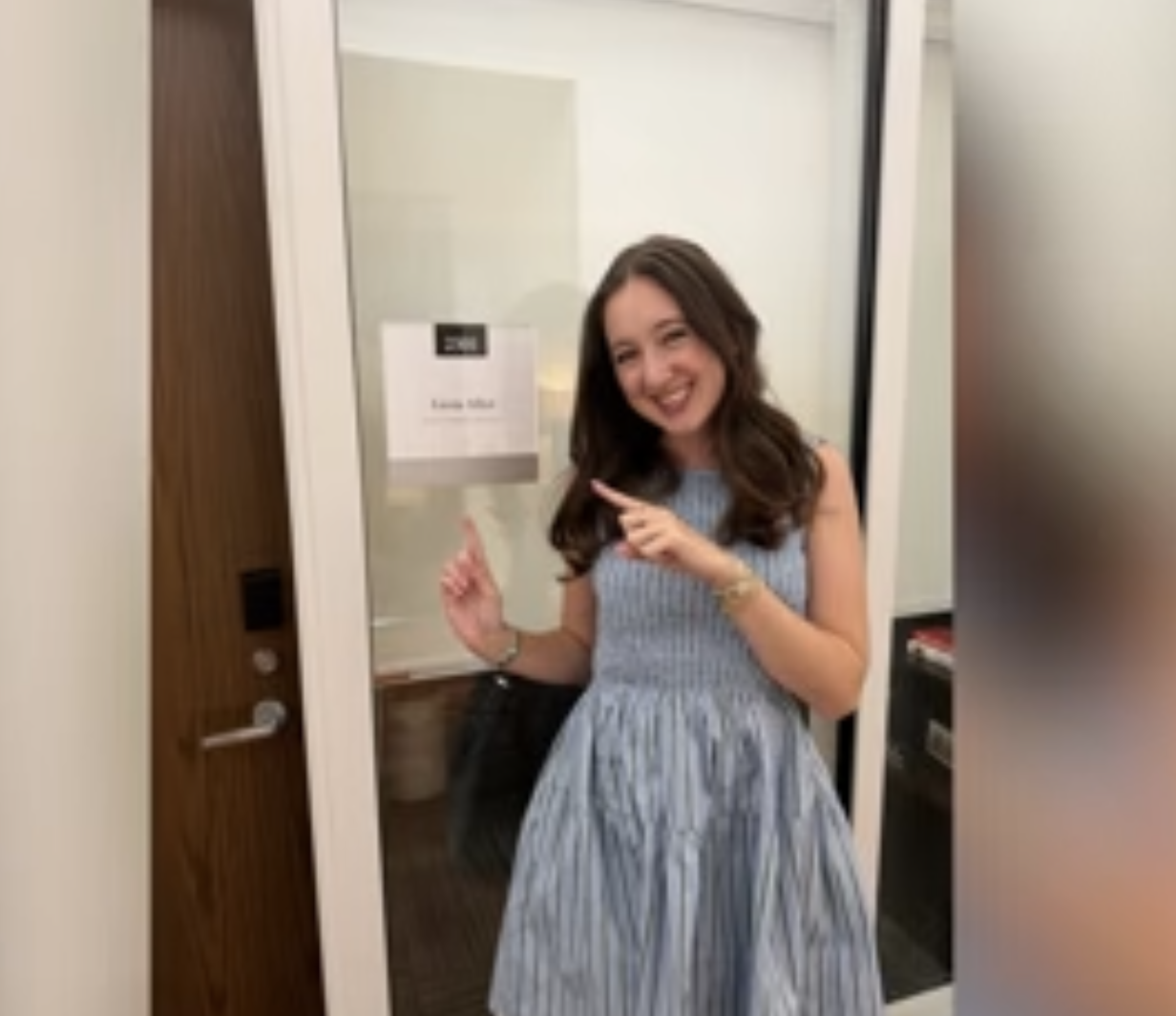 Greta Allen, Communication/Public Relations graduate, shows off her new office in The Mill