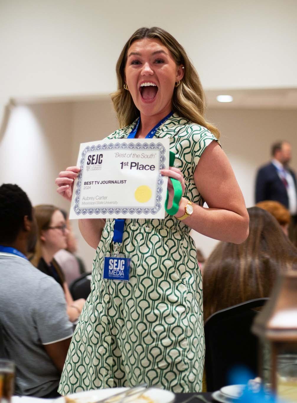 Aubrey Carter, a junior Communication major from Alabaster, Ala., shortly after being named “Best Television Journalist” at the 2024 Southeast Journalism Conference in Troy, Ala. Feb 24. 